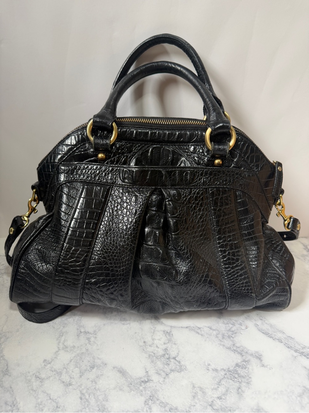 Brahmin Louise Rose Black Croc Embossed Leather Satchel crossbody bag purse - Picture 3 of 9